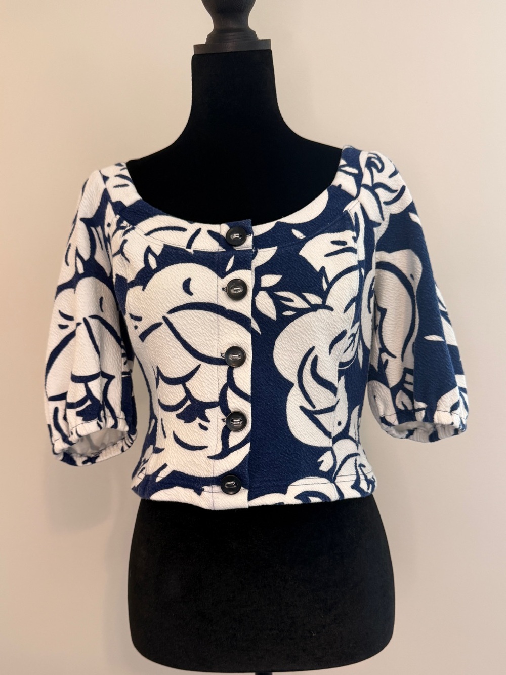 Maeve Anthropologie Blue White Floral Crop Top Puff Sleeve Button Front Size S